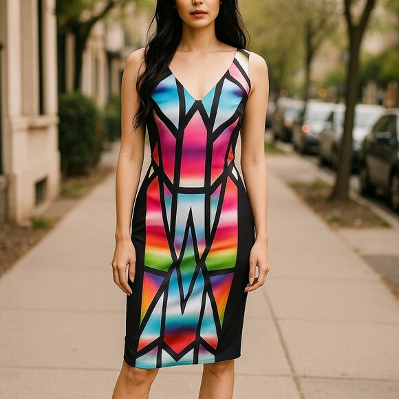 NWT Bisou Bisou SZ 10 Womens Bold&Beautiful VNeck Sleeveless Stained Glass Dress - Picture 1 of 8